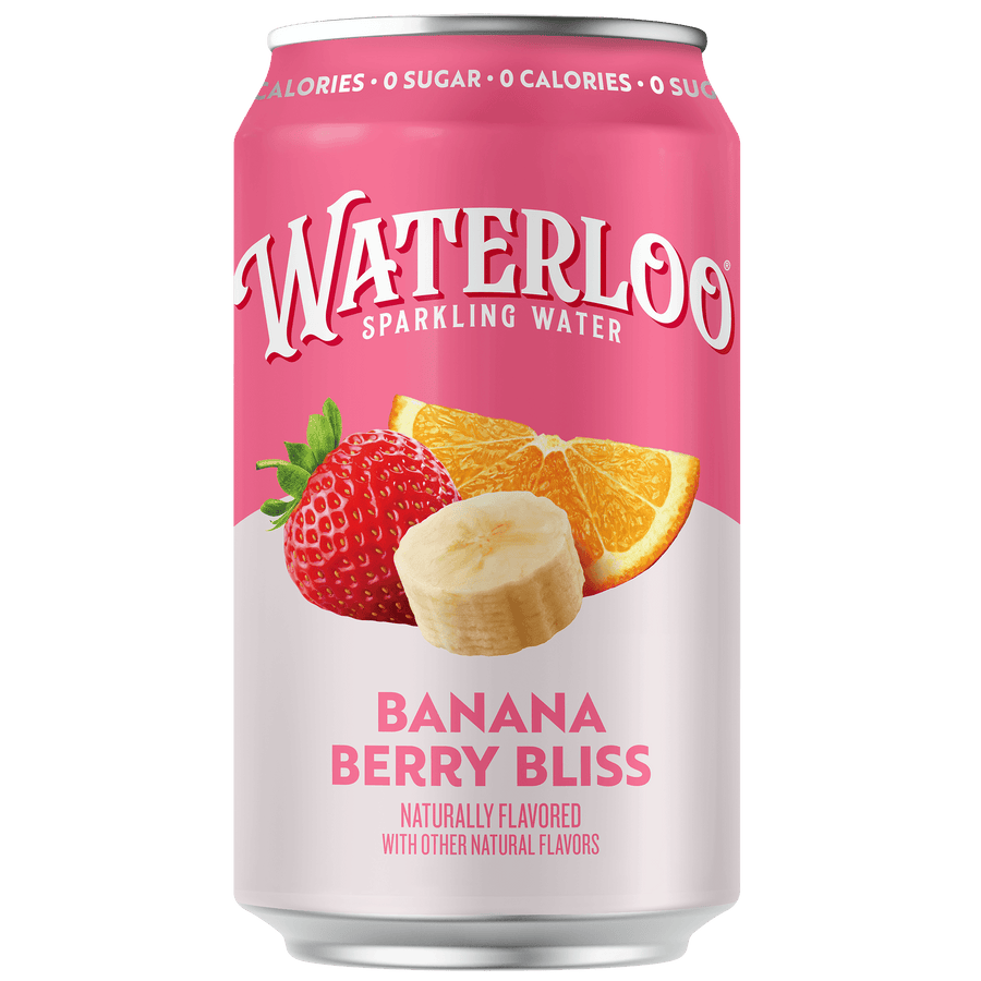 Waterloo sparkling water can featuring Banana Berry Bliss flavor with banana, strawberry, and orange slices.