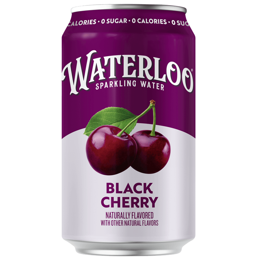 Can of Waterloo Sparkling Water in Black Cherry flavor, featuring fresh black cherry design.