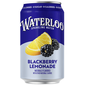 Can of Waterloo Sparkling Water featuring Blackberry Lemonade flavor with lemon and blackberry images.