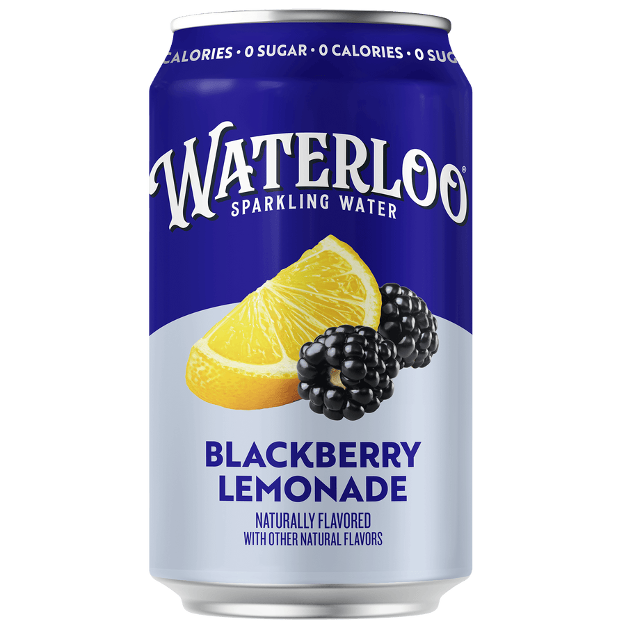 Can of Waterloo Sparkling Water featuring Blackberry Lemonade flavor with lemon and blackberry images.