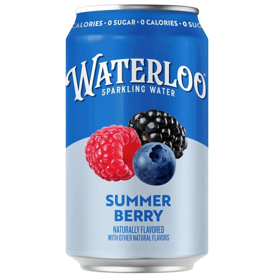 Waterloo Summer Berry sparkling water can featuring raspberry, blackberry, and blueberry flavors with no calories.
