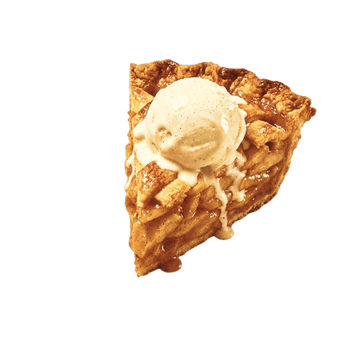 Slice of delicious apple pie topped with creamy vanilla ice cream, drizzled with caramel sauce.