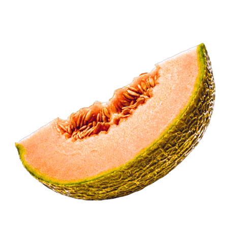 Slice of cantaloupe melon with orange flesh and textured green rind on a black background.