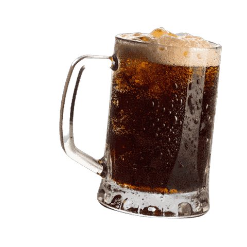 Frothy beer mug filled with dark beer, condensation on glass, refreshing beverage isolated on black background.