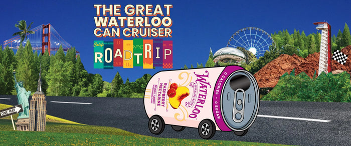 The Great Waterloo Can Cruiser Road Trip featuring a colorful art design with a Waterloo can and iconic landmarks.