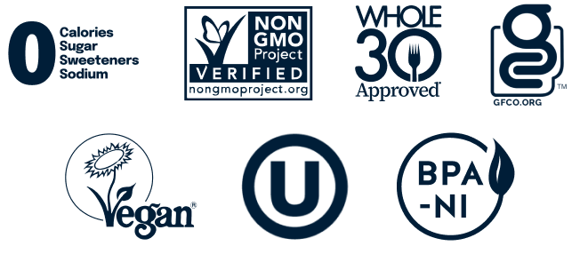 Certification logos for food products: Non-GMO, Vegan, Whole30 Approved, BPA-Free, and others.