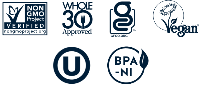 Various certification logos including Non-GMO, Whole30, Vegan, and BPA-NI, symbolizing health and quality standards.