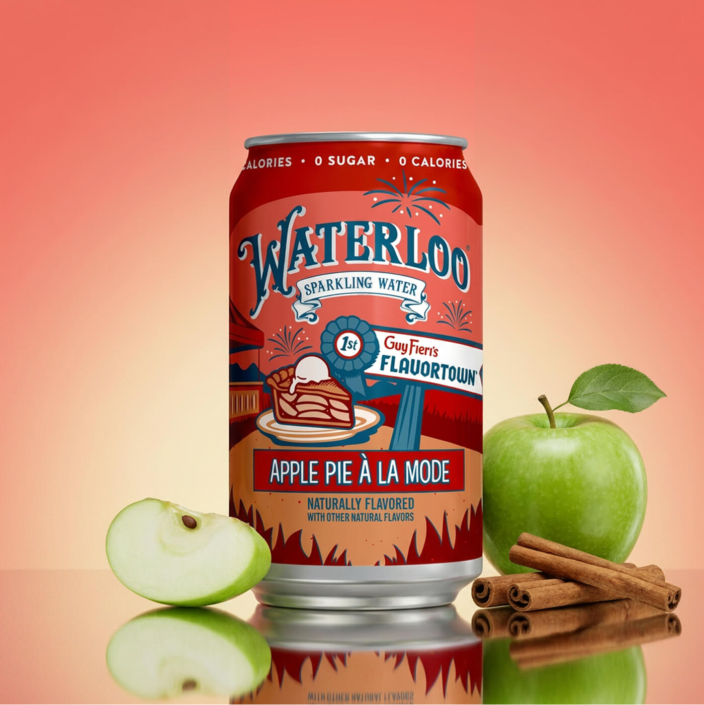 Waterloo sparkling water can featuring apple pie à la mode flavor with fresh apples and cinnamon sticks.
