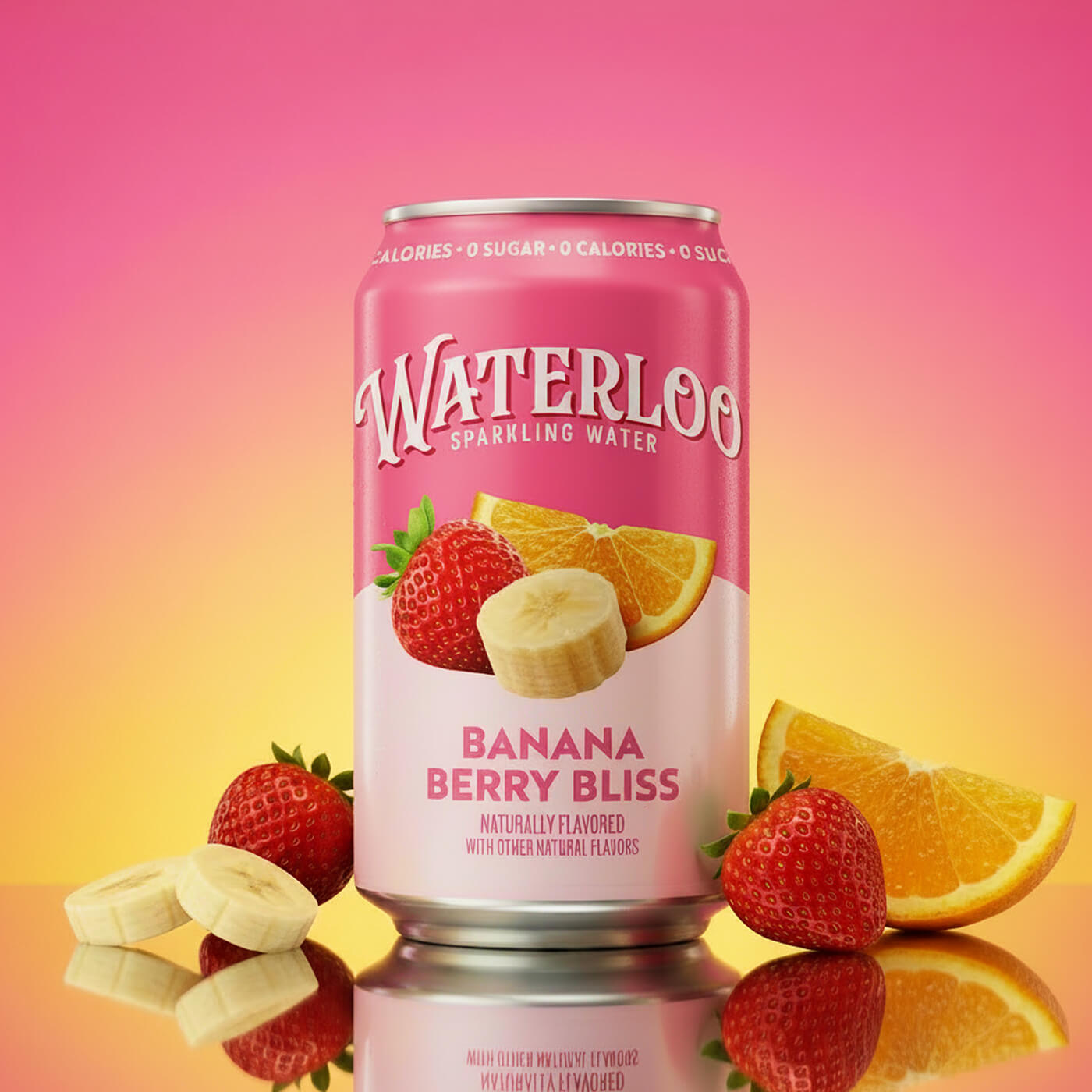 Waterloo Sparkling Water can featuring Banana Berry Bliss flavor with strawberries and oranges.