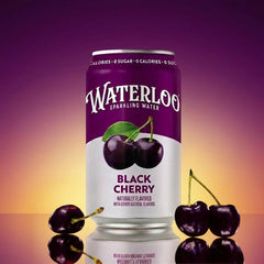 Waterloo Black Cherry sparkling water can with cherries, vibrant background, no calories, naturally flavored