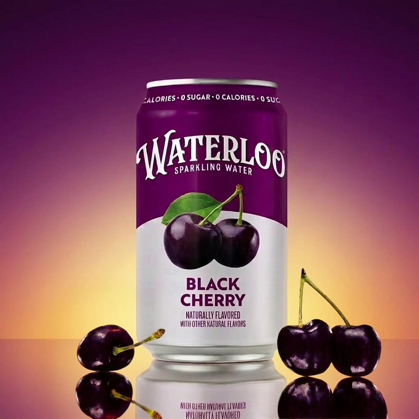 Waterloo Black Cherry sparkling water can with cherries, vibrant background, no calories, naturally flavored