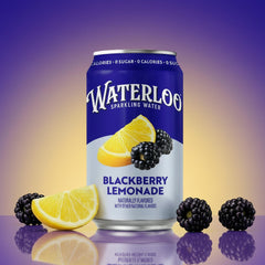 Waterloo Sparkling Water Blackberry Lemonade can with blackberries and lemon on a colorful background.