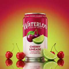 Waterloo Cherry Limeade sparkling water can featuring cherries and lime on a bright gradient background.