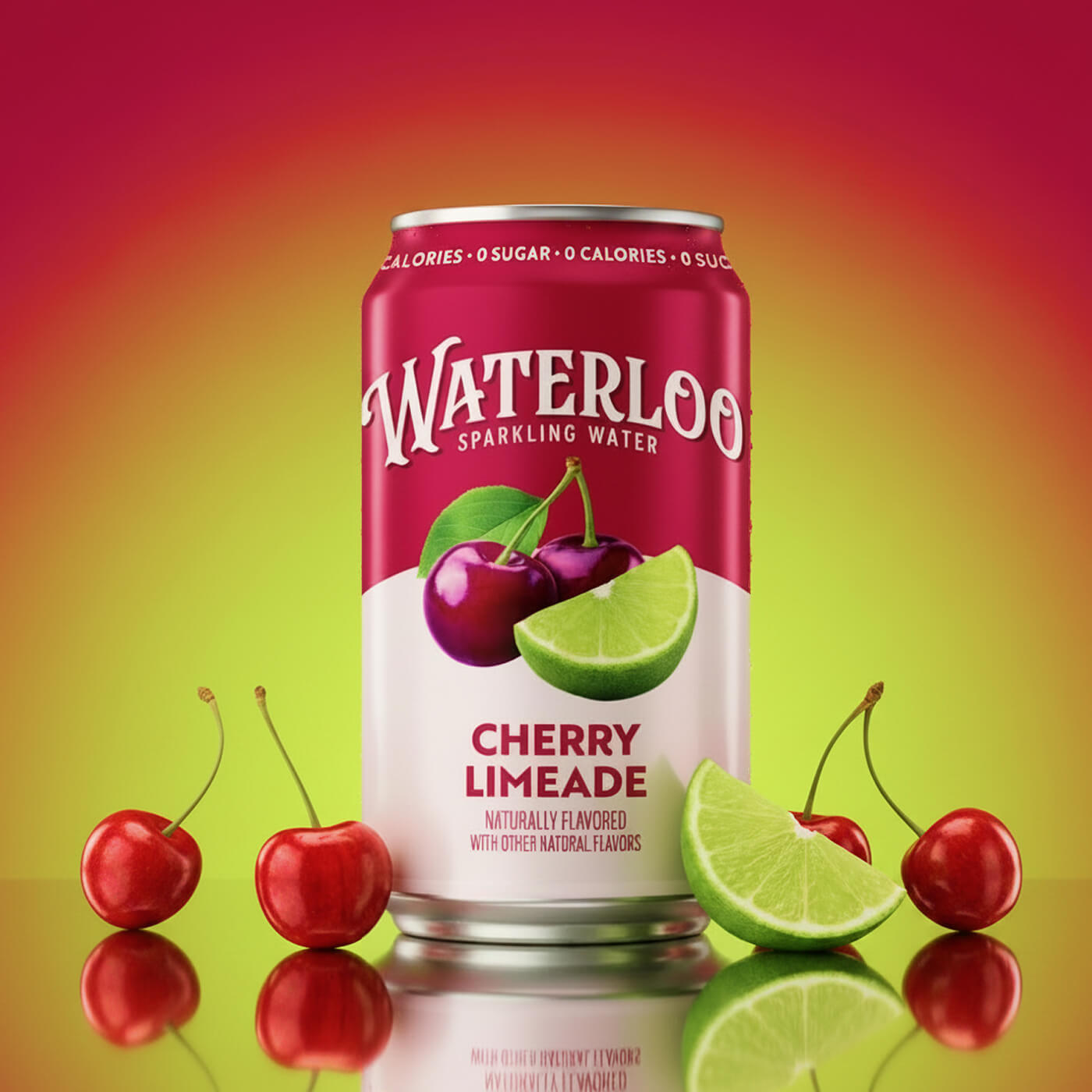 Waterloo Cherry Limeade sparkling water can featuring cherries and lime on a bright gradient background.
