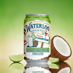 Waterloo Coconut Lime Cooler sparkling water can with fresh limes and coconut, featuring Guy Fieri's Flavortown design.