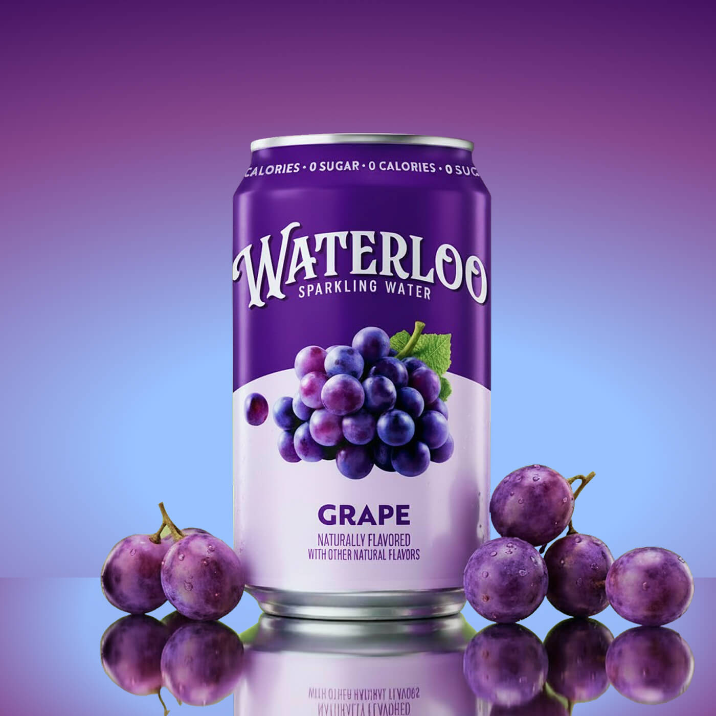 Waterloo sparkling water in a can with dark purple Concord grapes, featuring the focus keyword Grape.