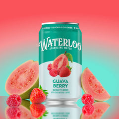 Waterloo Guava Berry sparkling water can with guava slices and raspberries on a vibrant background.