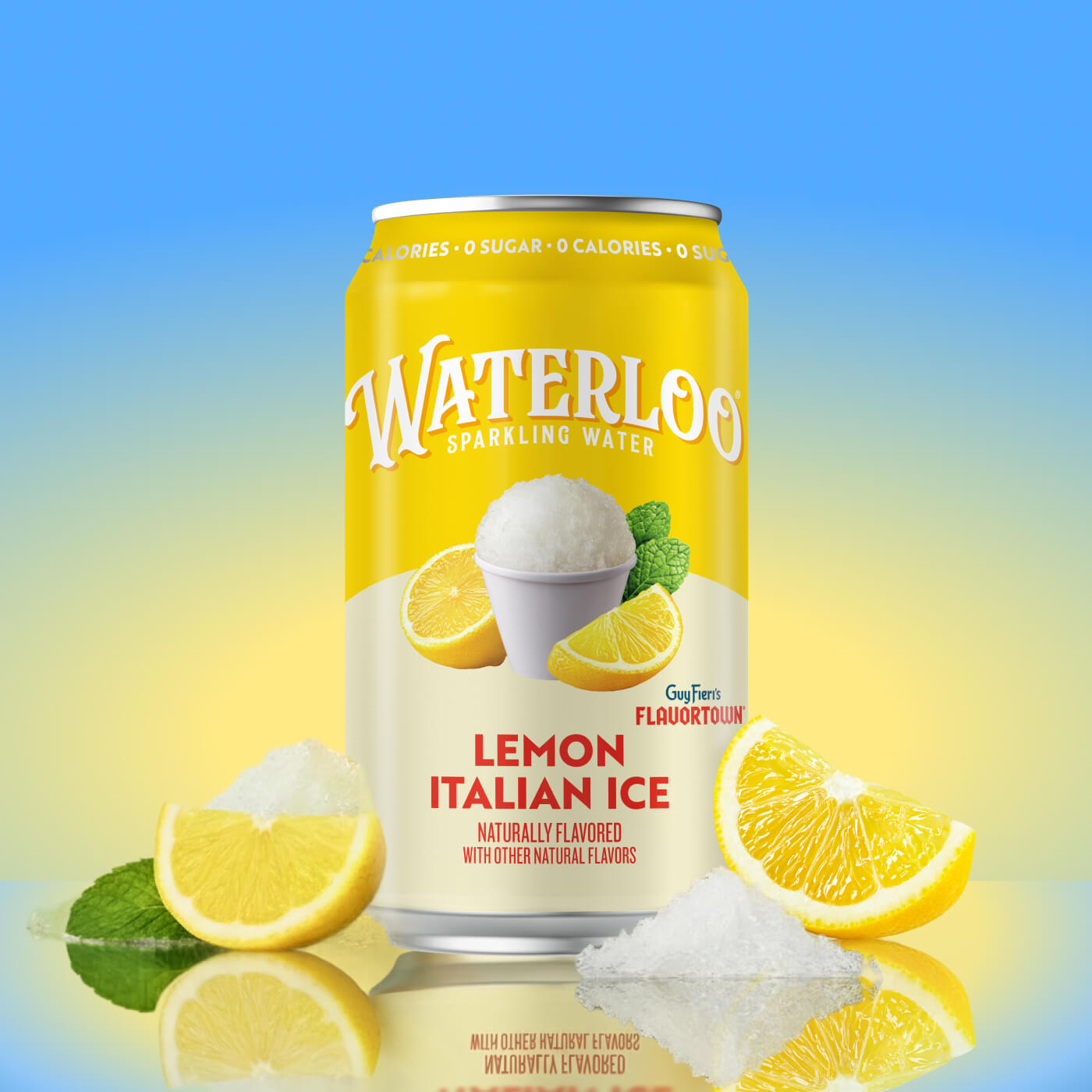 Waterloo Sparkling Water can featuring Lemon Italian Ice flavor with fresh lemons and mint leaves.