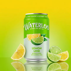 Refreshing Lemon Lime sparkling water can with lemons and limes on a bright background, no sugar added.