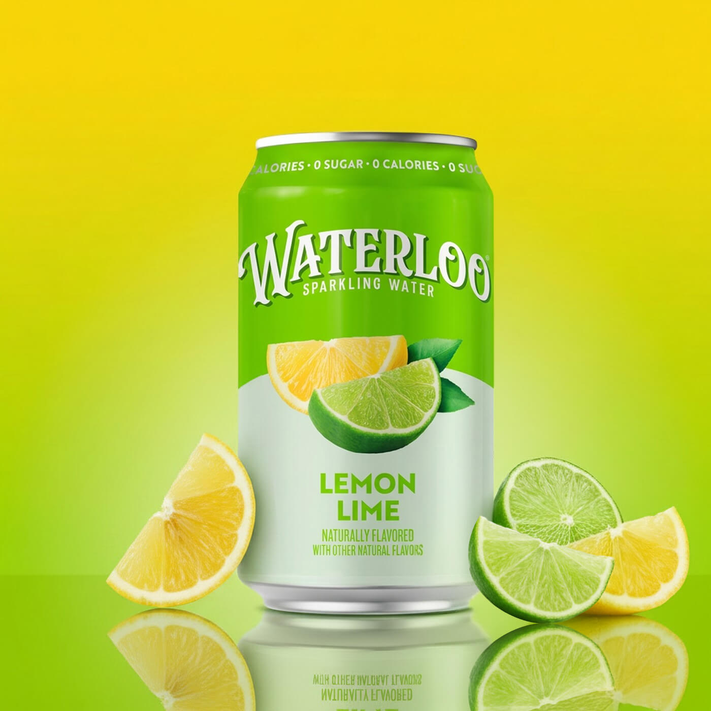 Refreshing Lemon Lime sparkling water can with lemons and limes on a bright background, no sugar added.