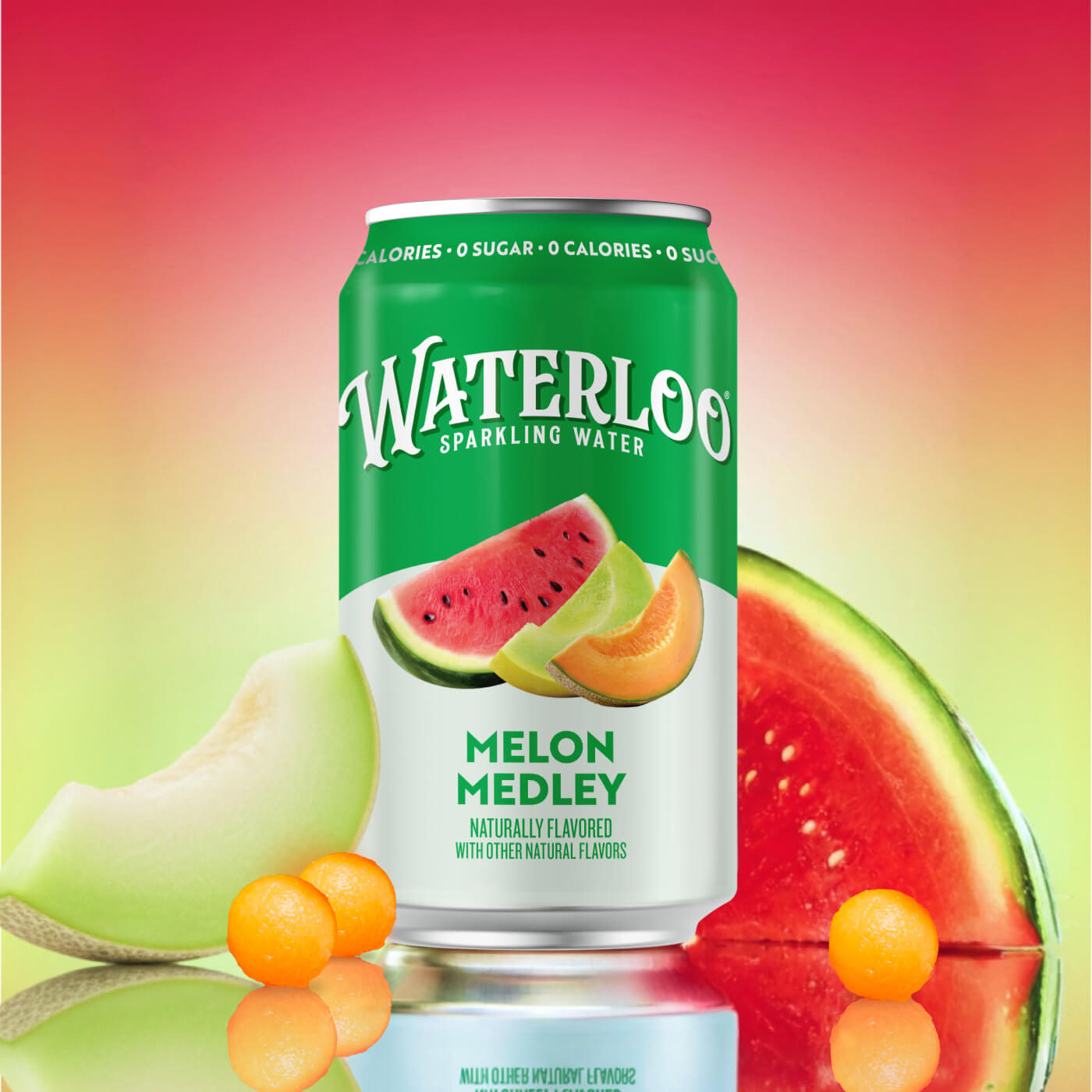 Refreshing can of Waterloo sparkling water with Melon Medley flavor, featuring watermelon, cantaloupe, and honeydew.