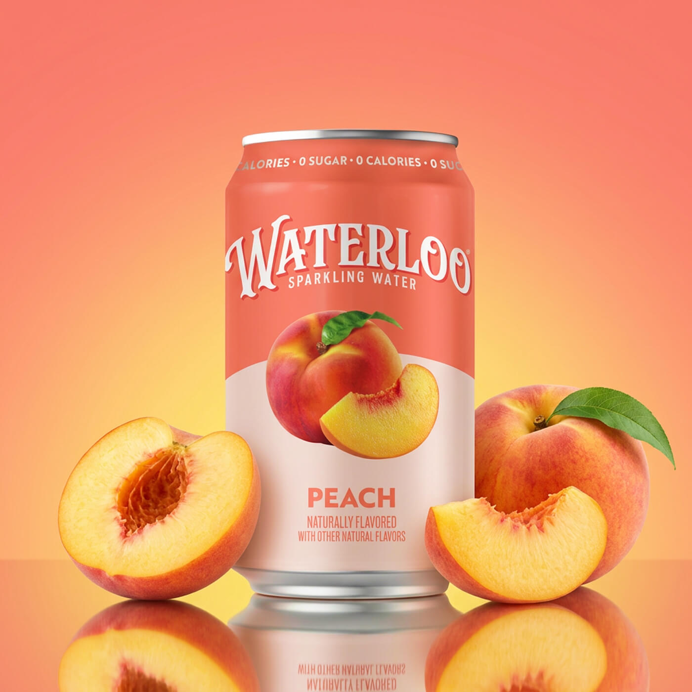 Waterloo Peach Sparkling Water can with fresh peaches, showcasing zero calories and no sugar.