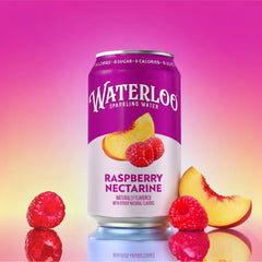 Waterloo Sparkling Water can featuring Raspberry Nectarine with raspberries and peach slice on a colorful background.