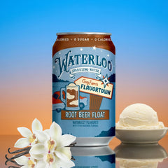 Waterloo Root Beer Float sparkling water can alongside vanilla ice cream and flowers, capturing nostalgic dessert vibes.