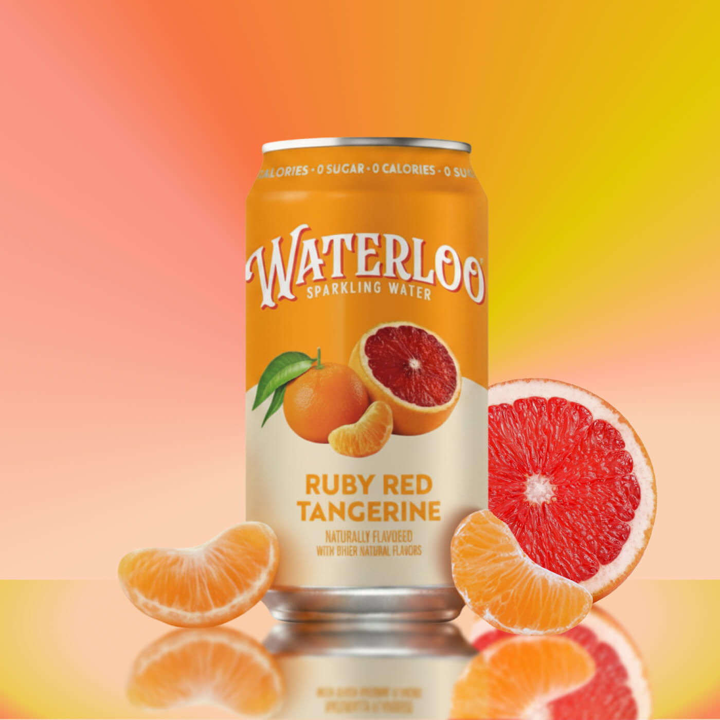 Waterloo Ruby Red Tangerine sparkling water can surrounded by fresh tangerines and grapefruit on a colorful background.
