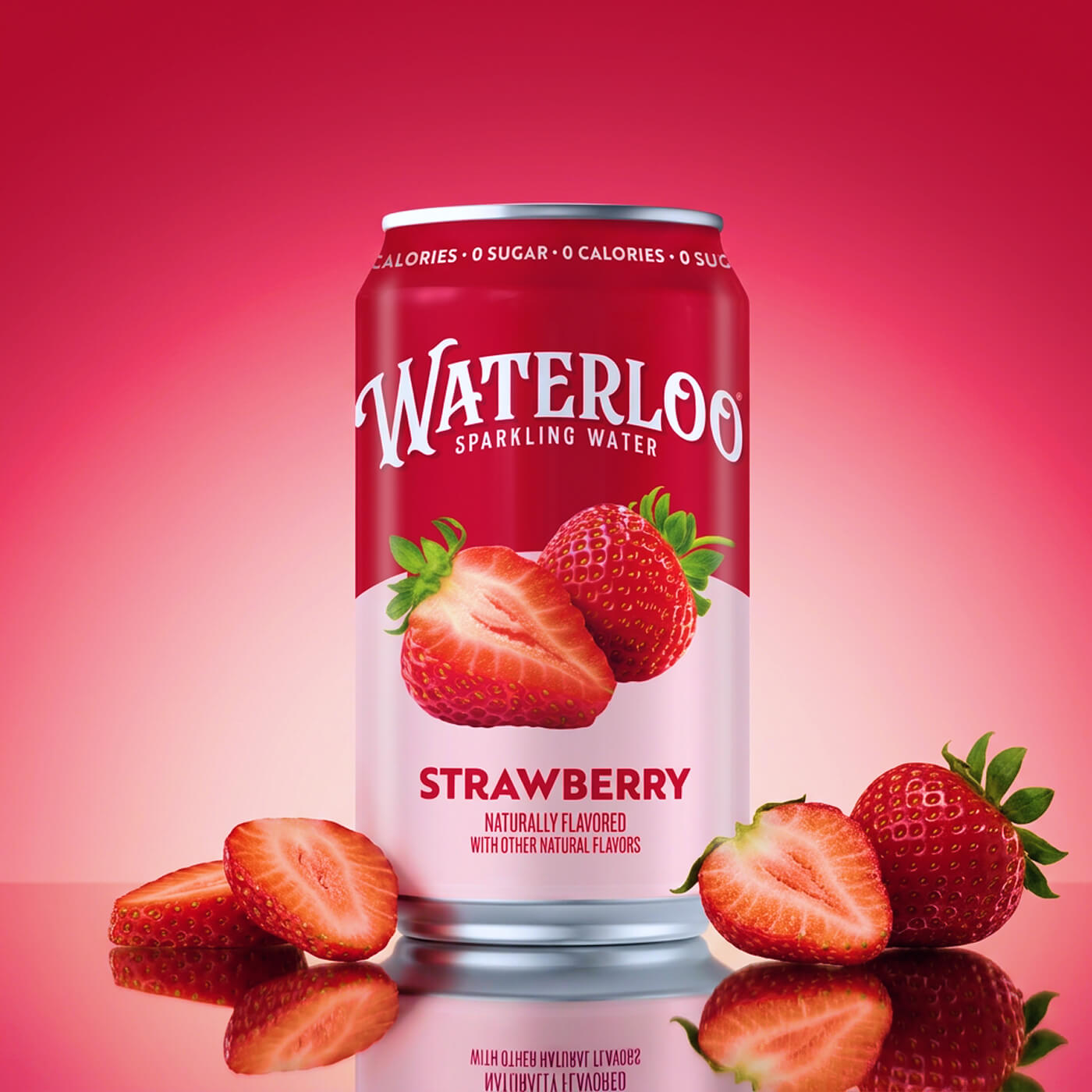 Waterloo Strawberry Sparkling Water can with fresh strawberries, showcasing a vibrant red background.