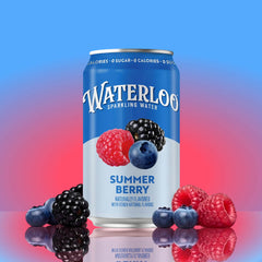 Waterloo Summer Berry sparkling water can with fresh berries on a colorful background, zero calories and sugar.