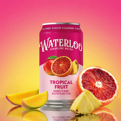 Waterloo Sparkling Water can featuring Tropical Fruit flavor with mango, blood orange, and pineapple on a vibrant background.