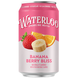Waterloo sparkling water can featuring Banana Berry Bliss flavor with banana, strawberry, and orange slices.