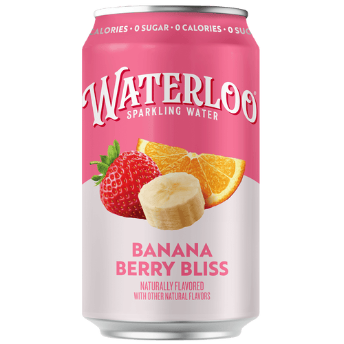 Waterloo sparkling water can featuring Banana Berry Bliss flavor with banana, strawberry, and orange slices.