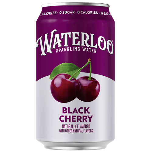 Can of Waterloo Sparkling Water in Black Cherry flavor, featuring fresh black cherry design.