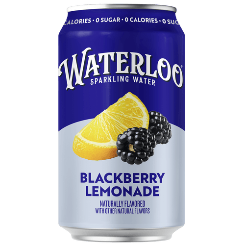 Can of Waterloo Sparkling Water featuring Blackberry Lemonade flavor with lemon and blackberry images.