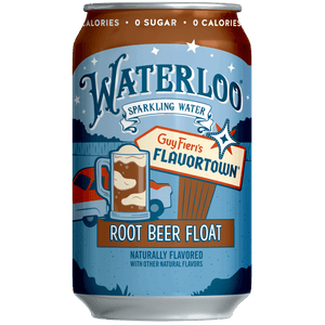 Waterloo Root Beer Float sparkling water can with dessert drink imagery, perfect for nostalgic summer vibes.