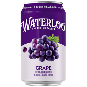 Waterloo sparkling water can featuring Grape flavor, naturally flavored with dark purple Concord grape notes.
