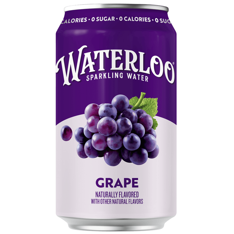 Waterloo sparkling water can featuring Grape flavor, naturally flavored with dark purple Concord grape notes.