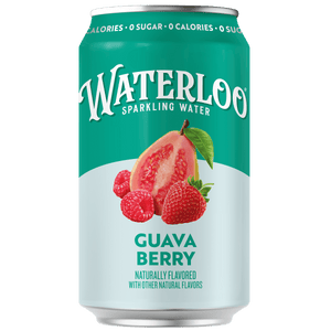 Waterloo sparkling water can featuring Guava Berry, a blend of guava and berry flavors, with no sugar or calories.