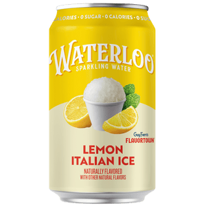 Bright yellow Lemon Italian Ice can featuring snow, lemon slices, and natural flavors from Waterloo sparkling water.