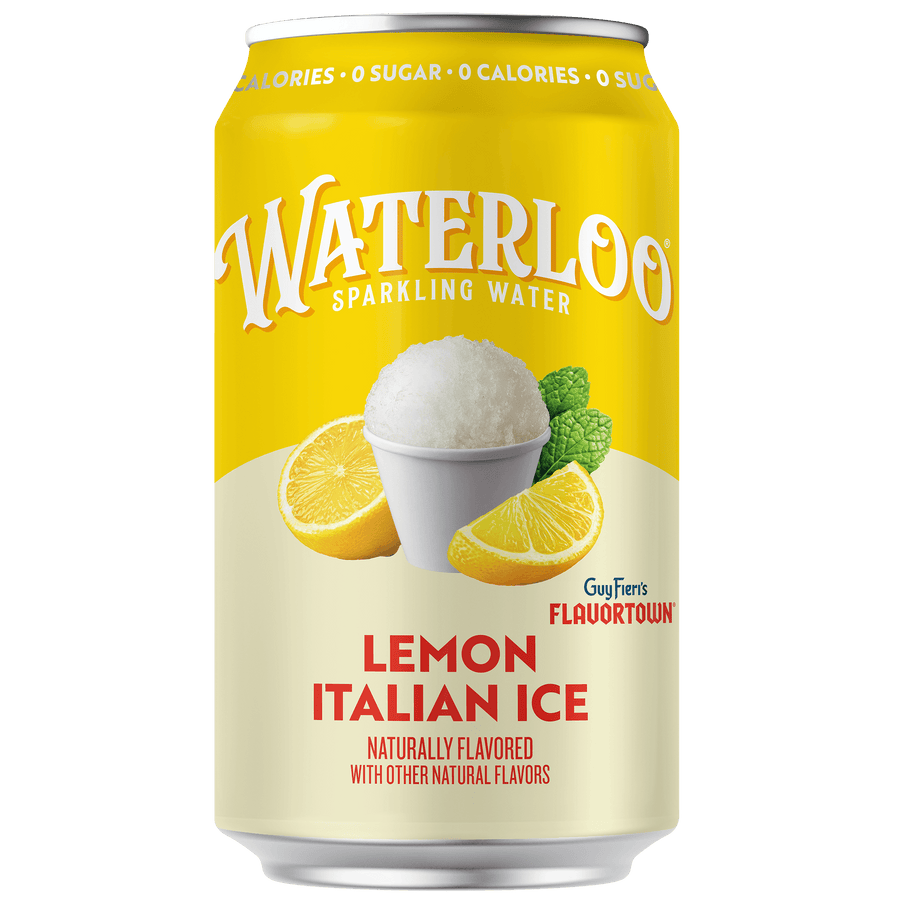 Bright yellow Lemon Italian Ice can featuring snow, lemon slices, and natural flavors from Waterloo sparkling water.