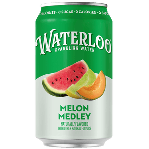 Waterloo sparkling water can featuring the refreshing Melon Medley flavor with watermelon, cantaloupe, and honeydew.