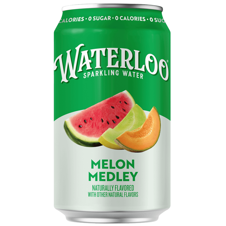 Waterloo sparkling water can featuring the refreshing Melon Medley flavor with watermelon, cantaloupe, and honeydew.