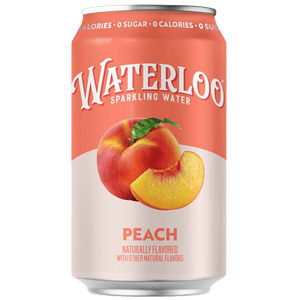 Waterloo sparkling water can featuring Peach flavor, naturally flavored with juicy peach notes and no sugar.