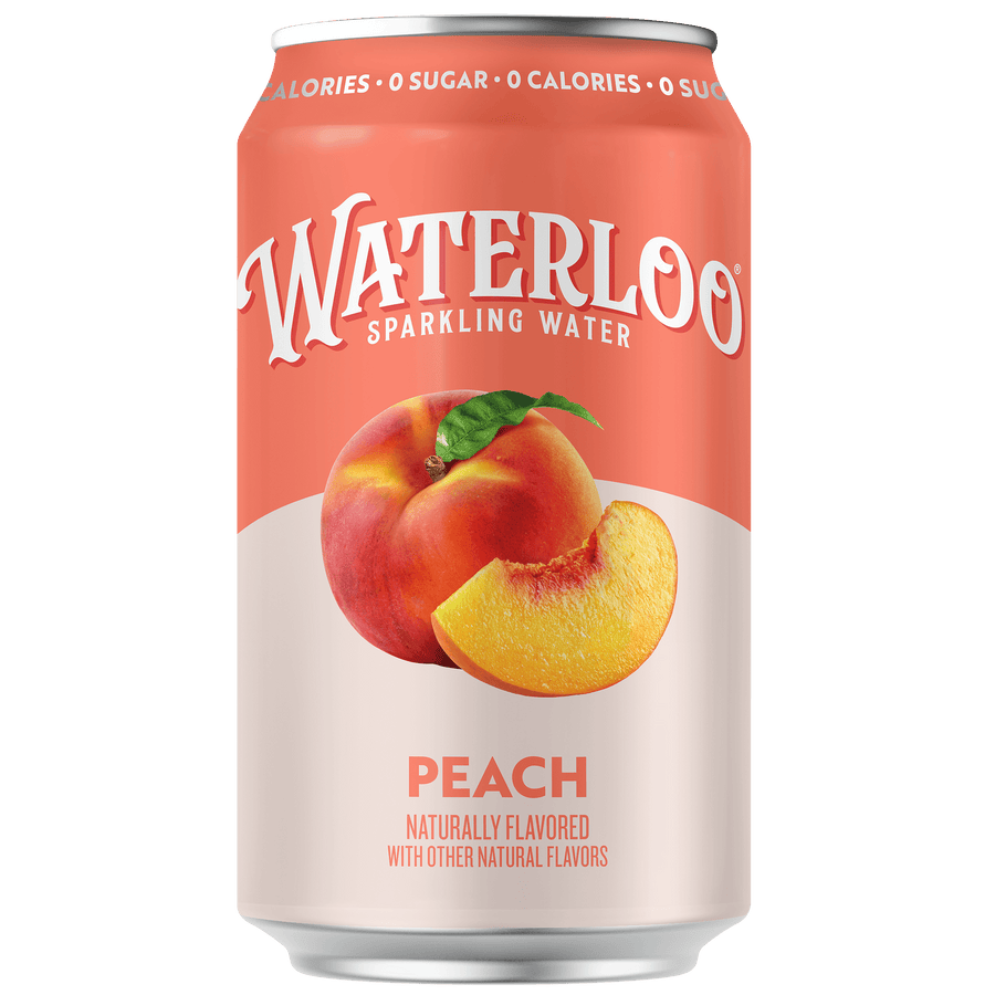 Waterloo sparkling water can featuring Peach flavor, naturally flavored with juicy peach notes and no sugar.