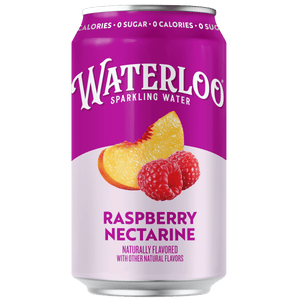 Raspberry Nectarine sparkling water can with raspberry and nectarine on label, refreshing and naturally flavored.