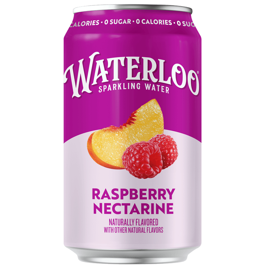 Raspberry Nectarine sparkling water can with raspberry and nectarine on label, refreshing and naturally flavored.