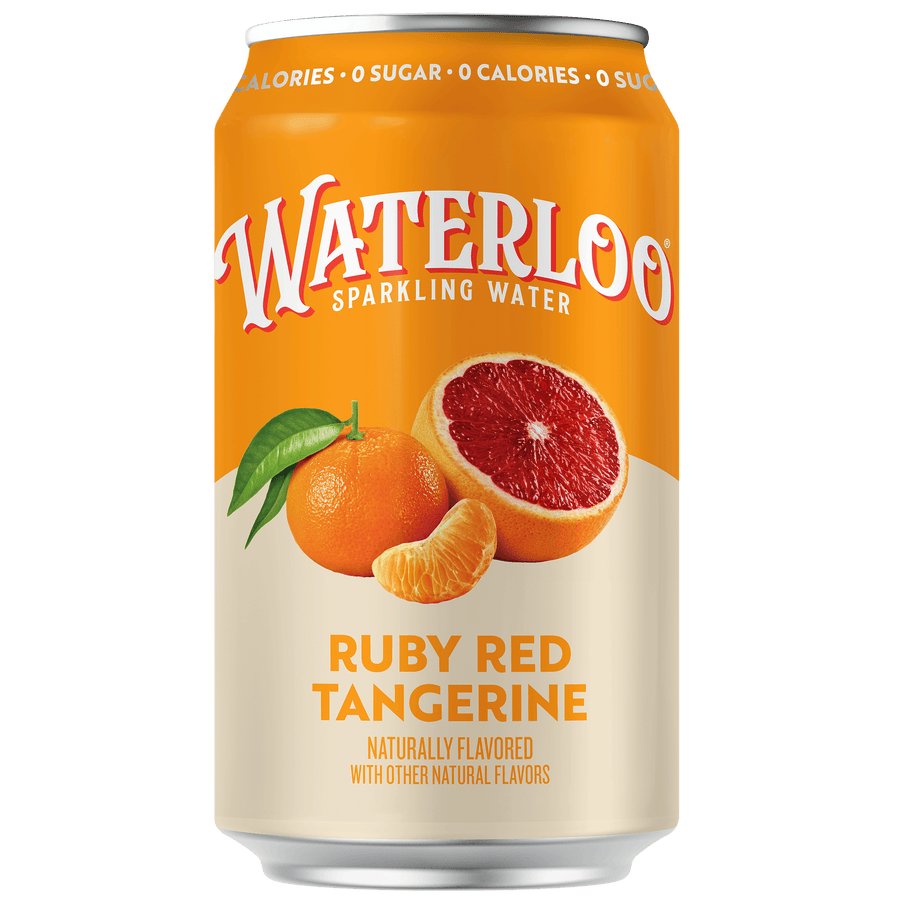 Ruby Red Tangerine sparkling water can featuring grapefruit and tangerine slices, refreshing and flavorful beverage.