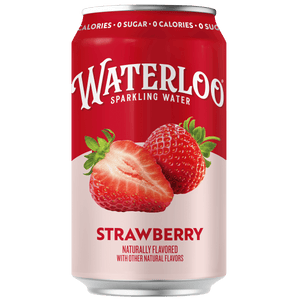 Waterloo sparkling water can with fresh strawberries and the word Strawberry on the label.